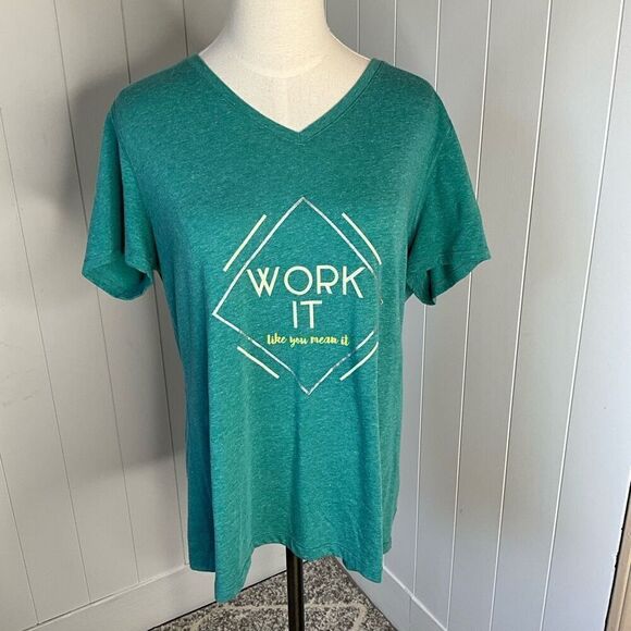 Athletic Works Womens XL Pullover Graphic Workout Top Tee Green Short Sleeve - Picture 1 of 9